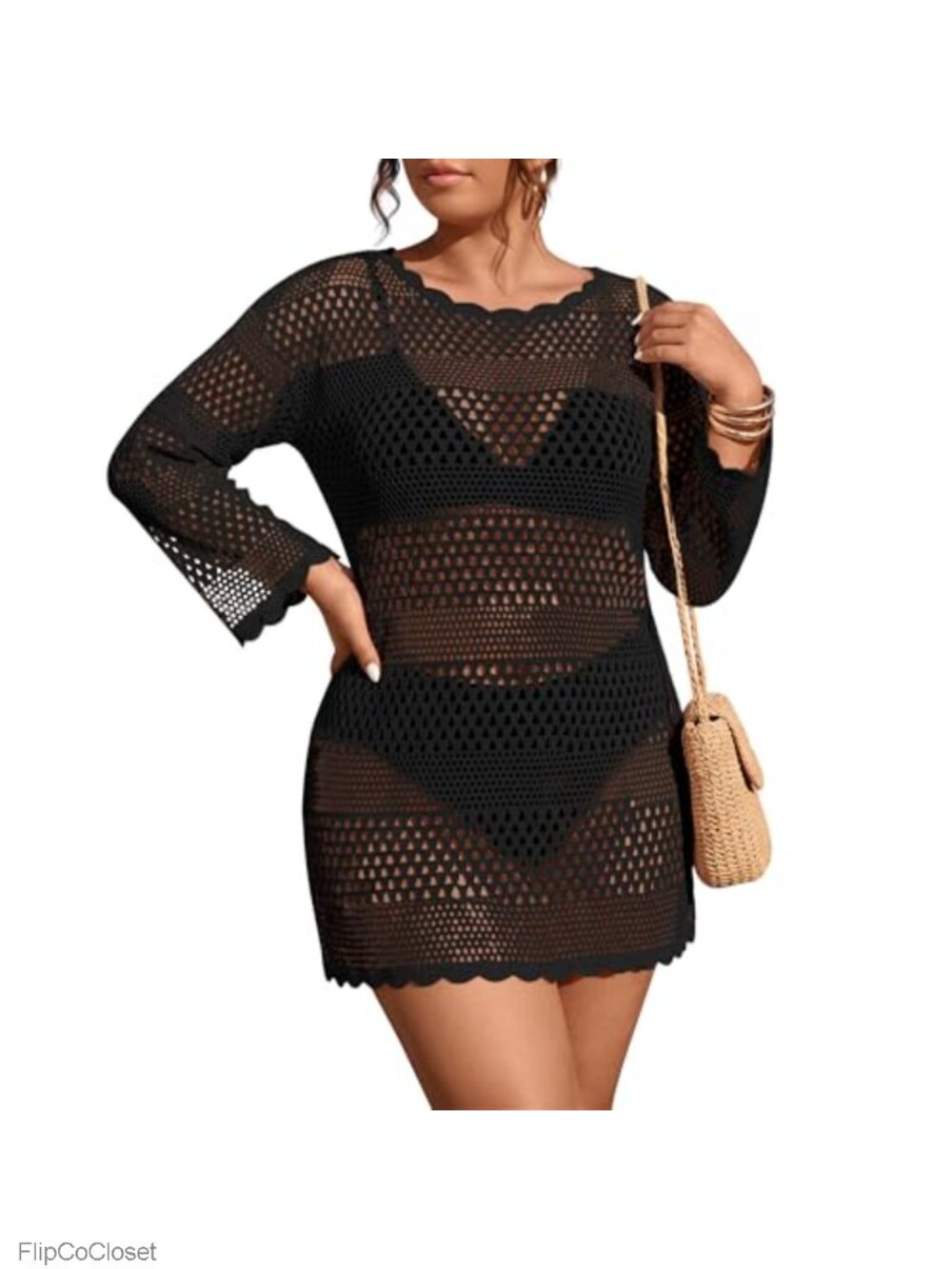 Plus Size Crochet Swimsuit Cover Up Long Sleeve Bohemian Beach